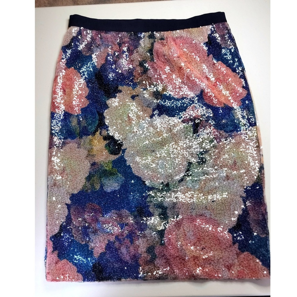 Isaac Mizrahi Floral Sequin Pencil Skirt Navy Pink Gold Midi